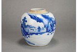 A BLUE AND WHITE 'LANDSCAPE AND FIGURES' GINGER JAR
