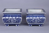 A PAIR OF BLUE AND WHITE 'MYTHICAL BEAST' JARDINIERES